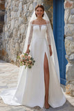 Ivory A Line Off The Shoulder Sweep Train Boho Wedding Dress z rozcięciem