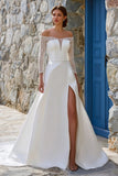 Ivory A Line Off The Shoulder Sweep Train Boho Wedding Dress z rozcięciem