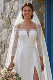 Ivory A Line Off The Shoulder Sweep Train Boho Wedding Dress z rozcięciem