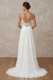 A Line Ivory Spaghetti Straps Lace Sweep Train Wedding Dress