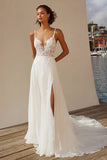 A Line Ivory Spaghetti Straps Lace Sweep Train Wedding Dress