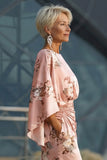 Sukienka matki panny młodej z satynowym wzorem w kolorze Dusty Rose Flower z rozkloszowanymi rękawami