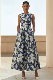 Sukienka midi w stylu A Line Flower Pattern z kieszeniami