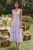 Sukienka midi z szyfem w kształcie liliowego dekoltu i linią A