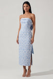 Bowknot Blue Jacquard Sheath Midi sukienka bez ramiączek z rozcięciem