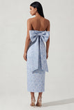 Bowknot Blue Jacquard Sheath Midi sukienka bez ramiączek z rozcięciem