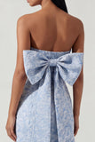 Bowknot Blue Jacquard Sheath Midi sukienka bez ramiączek z rozcięciem