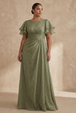 Linia Dusty Sage Boat Neck Plus Size sukienka matki panny młodej z falbanami