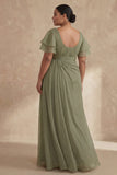 Linia Dusty Sage Boat Neck Plus Size sukienka matki panny młodej z falbanami
