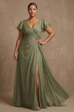 Sukienka Dusty Sage plus size A Line z powiewającymi rękawami i marszczowaną sukienką matki panny młodej z rozcięciem