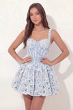 Biały, niebieski kwiatowy gorset Kroja A Short Dress
