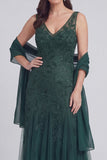 Szaro-niebieski kwiatowy dekolt w serek A Line Tiul Long Mother of The Bride Dress
