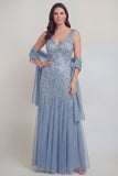 Szaro-niebieski kwiatowy dekolt w serek A Line Tiul Long Mother of The Bride Dress