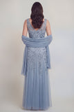 Szaro-niebieski kwiatowy dekolt w serek A Line Tiul Long Mother of The Bride Dress