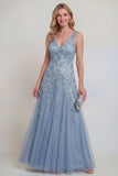 Szaro-niebieski kwiatowy dekolt w serek A Line Tiul Long Mother of The Bride Dress
