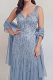 Szaro-niebieski kwiatowy dekolt w serek A Line Tiul Long Mother of The Bride Dress