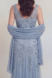 Szaro-niebieski kwiatowy dekolt w serek A Line Tiul Long Mother of The Bride Dress