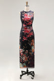 Tiul Black Bodycon Illusion Illusion Neck Neck z nadrukiem marszczanym w kwiaty midi