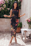 Tiul Black Bodycon Illusion Illusion Neck Neck z nadrukiem marszczanym w kwiaty midi