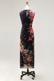 Tiul Black Bodycon Illusion Illusion Neck Neck z nadrukiem marszczanym w kwiaty midi
