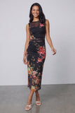 Tiul Black Bodycon Illusion Illusion Neck Neck z nadrukiem marszczanym w kwiaty midi