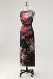 Tiul Black Bodycon Illusion Illusion Neck Neck z nadrukiem marszczanym w kwiaty midi