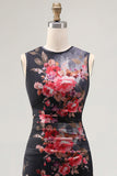 Tiul Black Bodycon Illusion Illusion Neck Neck z nadrukiem marszczanym w kwiaty midi