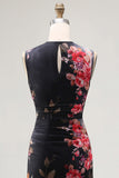 Tiul Black Bodycon Illusion Illusion Neck Neck z nadrukiem marszczanym w kwiaty midi