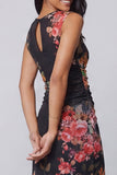 Tiul Black Bodycon Illusion Illusion Neck Neck z nadrukiem marszczanym w kwiaty midi