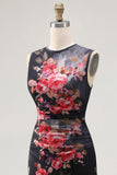 Tiul Black Bodycon Illusion Illusion Neck Neck z nadrukiem marszczanym w kwiaty midi