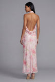 Błyszcząca białoróżowa kwiatowa sukienka w kwiaty z cekinami
