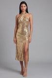 Błyszcząca sukienka z dekoltem na ramię Złota body-backless midi sequin z rozcięciem