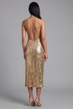 Błyszcząca sukienka z dekoltem na ramię Złota body-backless midi sequin z rozcięciem