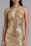 Błyszcząca sukienka z dekoltem na ramię Złota body-backless midi sequin z rozcięciem