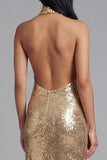 Błyszcząca sukienka z dekoltem na ramię Złota body-backless midi sequin z rozcięciem