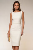 Ivory Bodycon Bateau Neck Midi Work Dress z bezrękawnikami