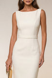 Ivory Bodycon Bateau Neck Midi Work Dress z bezrękawnikami