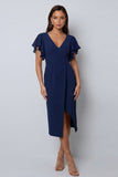 Bodycon Navy Flitter Sleeves Midi Work Dress z rozcięciem i dekoltem w serek
