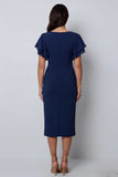 Bodycon Navy Flitter Sleeves Midi Work Dress z rozcięciem i dekoltem w serek