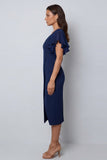 Bodycon Navy Flitter Sleeves Midi Work Dress z rozcięciem i dekoltem w serek