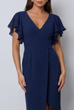 Bodycon Navy Flitter Sleeves Midi Work Dress z rozcięciem i dekoltem w serek