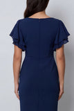 Bodycon Navy Flitter Sleeves Midi Work Dress z rozcięciem i dekoltem w serek