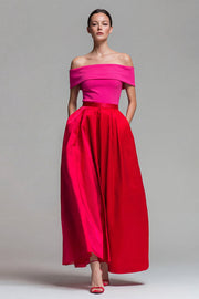 Fuksja i czerwona A Line Color Block Midi Formal Dress z odsłoniętymi ramionami