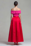 Fuksja i czerwona A Line Color Block Midi Formal Dress z odsłoniętymi ramionami