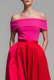 Fuksja i czerwona A Line Color Block Midi Formal Dress z odsłoniętymi ramionami