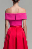 Fuksja i czerwona A Line Color Block Midi Formal Dress z odsłoniętymi ramionami