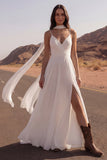 Spaghetti Straps A Line Ivory Maxi Beach Wedding Dress z rozcięciem