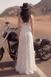 Ivory A Line Lace z wysokim kołnierzem, długą suknią ślubną Boho z rozcięciem