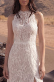 Ivory A Line Lace z wysokim kołnierzem, długą suknią ślubną Boho z rozcięciem