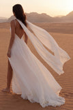Ivory A Line Spaghetti Straps Long Boho Wedding Dress z szalikiem
